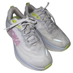 Hoka One One Bondi 8 Womens Running Shoes 10B White Pink‎ Lime